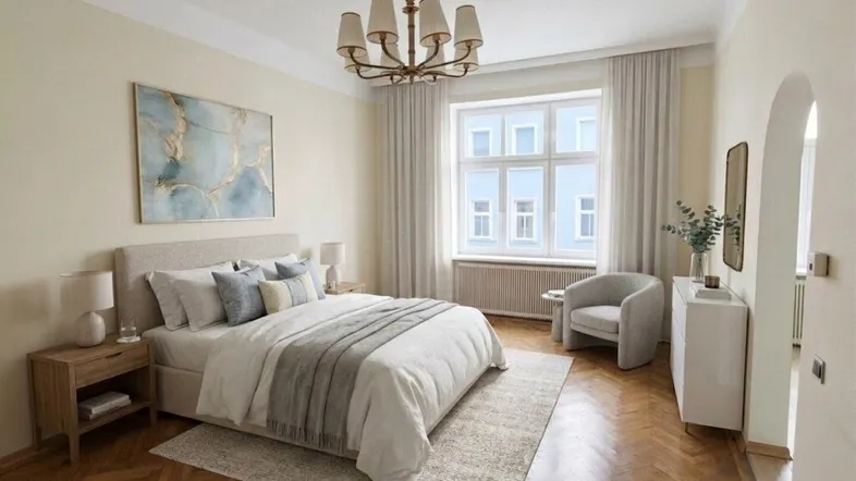 Virtuell inszeniertes Schlafzimmer mit Fischgrätparkett, großem Fenster und klassischem Kronleuchter.