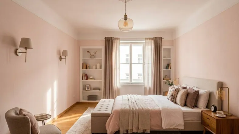 Helles Schlafzimmer mit hohen Decken, Stuckverzierung und eingebauten Regalen, modern eingerichtet.