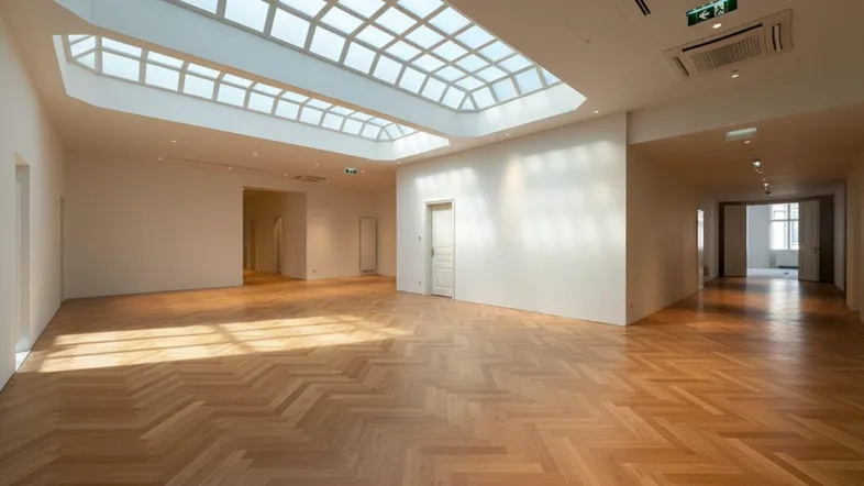 Großer, heller Büroraum mit Fischgrätparkett und beeindruckenden Oberlichtern, die viel Tageslicht hereinlassen.