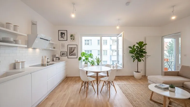 Helle, offene Wohnküche mit Holzboden, Essbereich und Zugang zum Balkon.