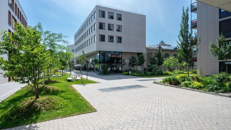 Modernes Geschäftsgebäude mit großen Fenstern und gepflastertem Vorplatz, umgeben von Grünflächen und Bäumen.