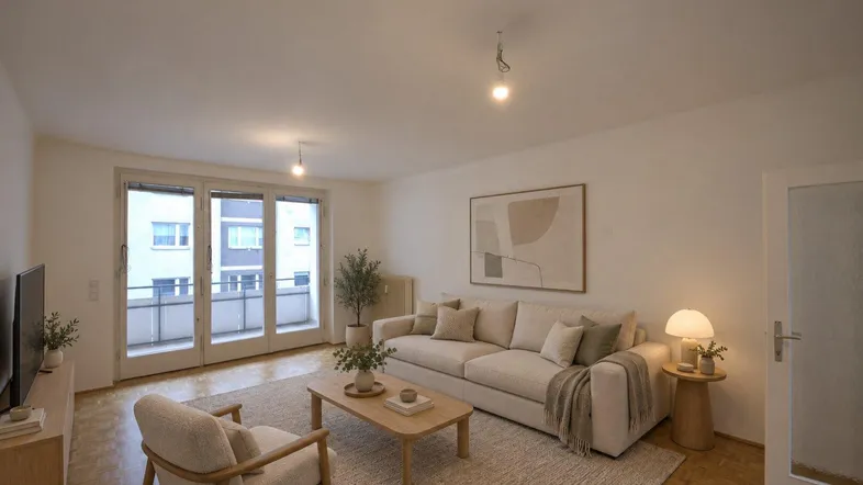 Helles Wohnzimmer mit modernem Sofa, Holzboden und Zugang zu einem französischen Balkon.