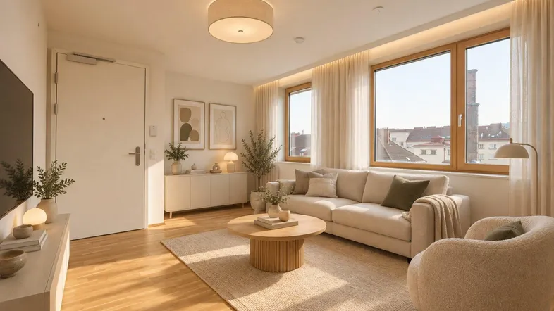Helles Wohnzimmer mit modernem Sofa, Holzboden und großen Fenstern, die viel Tageslicht hereinlassen.