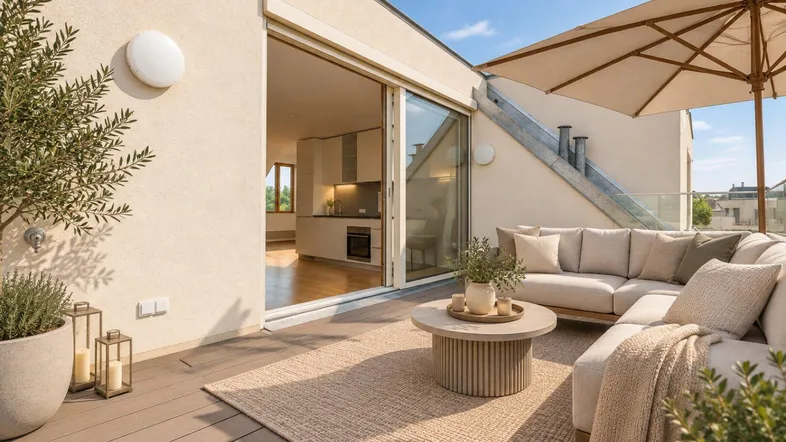 Großzügige Dachterrasse mit bequemen Loungemöbeln, Sonnenschirm und Blick in die moderne Küche.