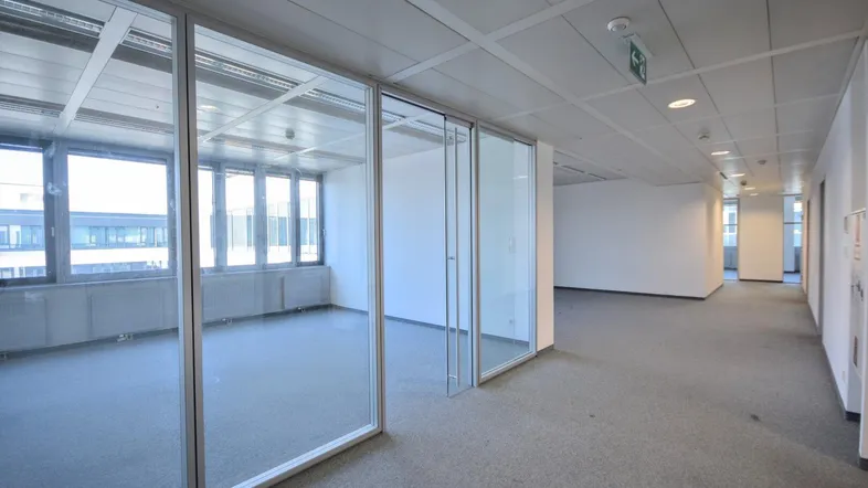 Geräumiges, leeres Büro mit modernen Glaswänden, Teppichboden und viel Tageslicht durch große Fenster.