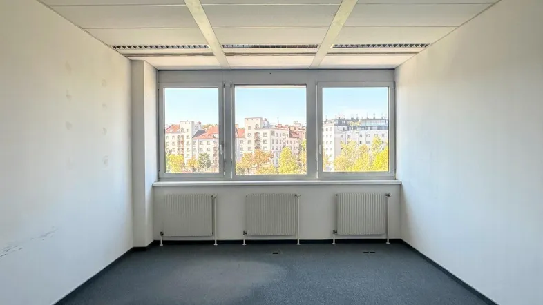 Heller Büroraum mit großen Fenstern, Teppichboden und Blick auf die Stadt.