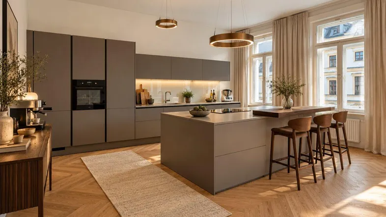 Moderne offene Küche mit Kücheninsel, integrierten Geräten und stilvollem Fischgrätparkett.