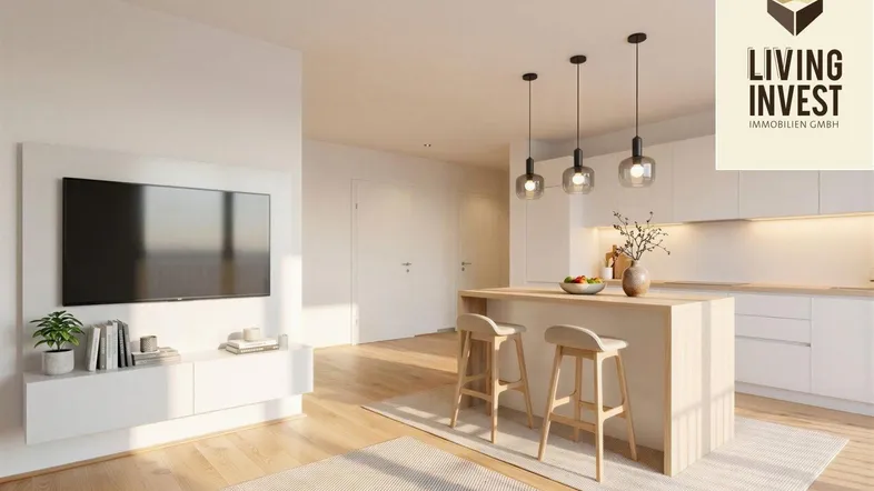 Heller, offener Wohnbereich mit moderner Einbauküche, Kücheninsel und elegantem Holzboden, ideal für geselliges Beisammensein.