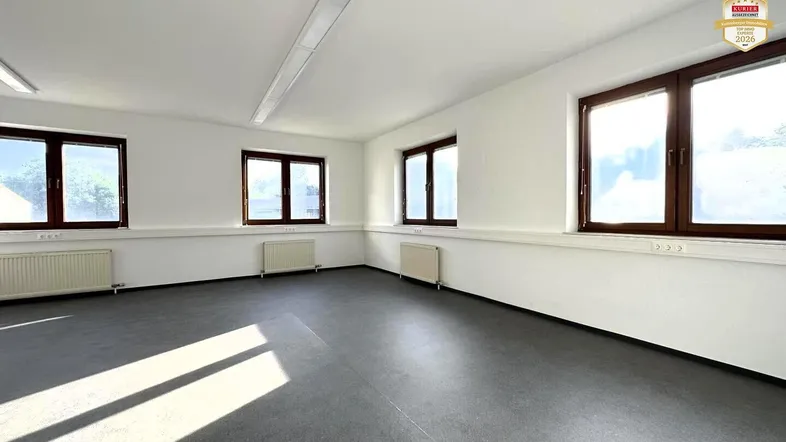 Geräumiger, leerer Raum mit mehreren Fenstern, ideal für Bürozwecke oder gewerbliche Nutzung.