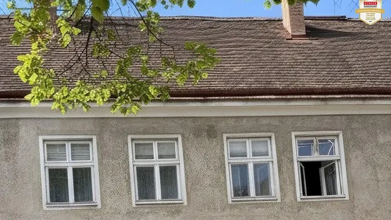 Alte Fassade eines Gebäudes mit mehreren Fenstern und einem Dach, umgeben von grünen Blättern.