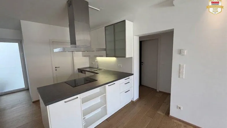 Moderne Küche mit Kochinsel, Induktionskochfeld und Dunstabzugshaube, offen zum Wohnbereich.