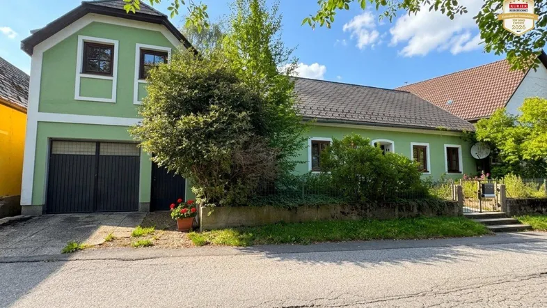 Grünes Haus mit Garage und traditioneller Architektur unter blauem Himmel.