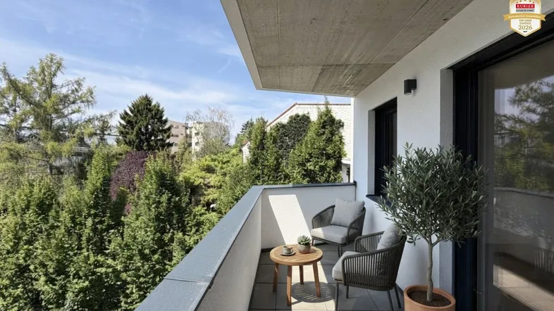 Möblierter Balkon mit Blick ins Grüne und einer Olivenpflanze, ideal zum Entspannen.