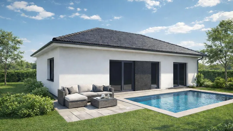 Modernes Einfamilienhaus mit privatem Pool und gemütlicher Sitzecke im Gartenbereich.