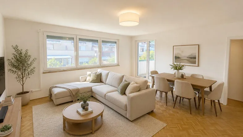 Helles, modern eingerichtetes Wohn-Esszimmer mit beigem Sofa, Esstisch und Parkettboden.