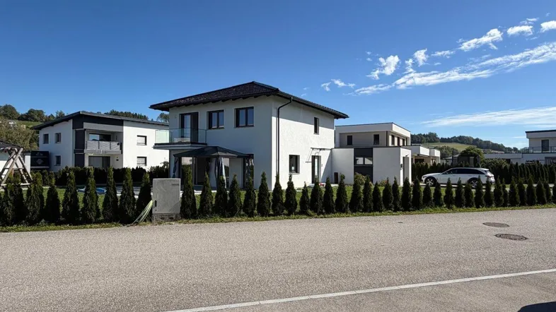 Modernes Einfamilienhaus mit gepflegter Hecke und Zufahrt in einer ruhigen Wohngegend.