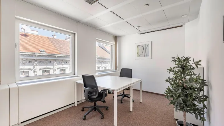 Kleines, helles Büro mit Teppichboden, zwei Arbeitsplätzen und Blick auf die umliegenden Gebäude.
