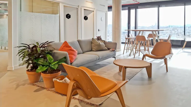 Moderner Loungebereich mit bequemen Sofas, Sesseln und Pflanzen, ideal für entspannte Pausen.