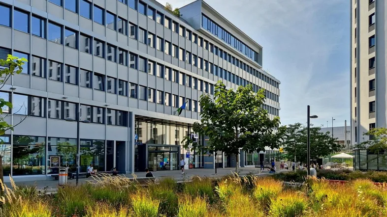 Modernes Bürogebäude mit großen Fenstern und begrüntem Vorplatz unter blauem Himmel und Sonnenschein.