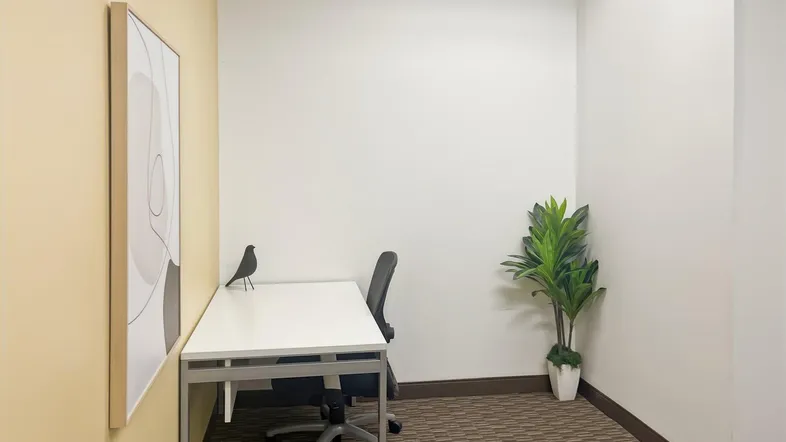 Kleines, helles Büro mit einem Schreibtisch, Bürostuhl und einer Zimmerpflanze in der Ecke.