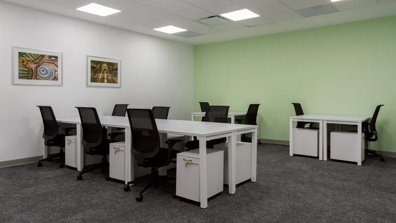 Modernes Büro mit mehreren Arbeitsplätzen, grüner Akzentwand und Teppichboden für eine angenehme Arbeitsatmosphäre.