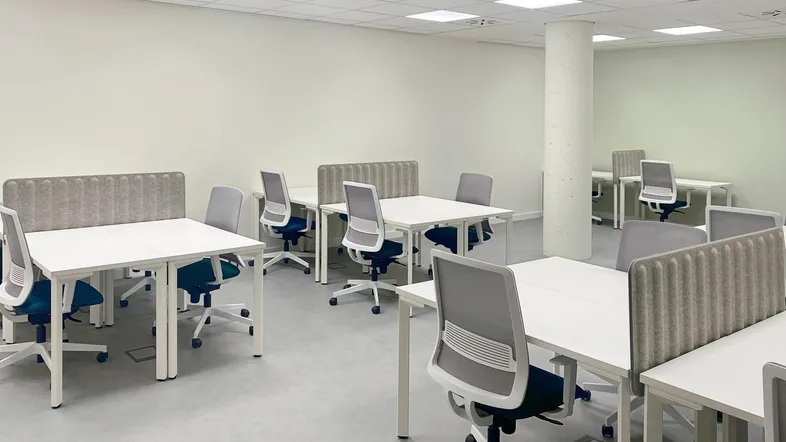 Heller, moderner Großraumbüro-Arbeitsbereich mit mehreren Schreibtischen und ergonomischen Stühlen.