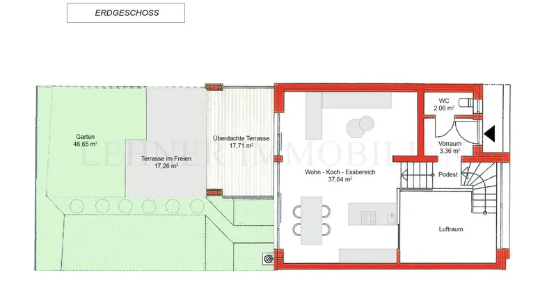 Grundriss des Erdgeschosses mit offenem Wohn-Koch-Essbereich, Terrasse und Garten.