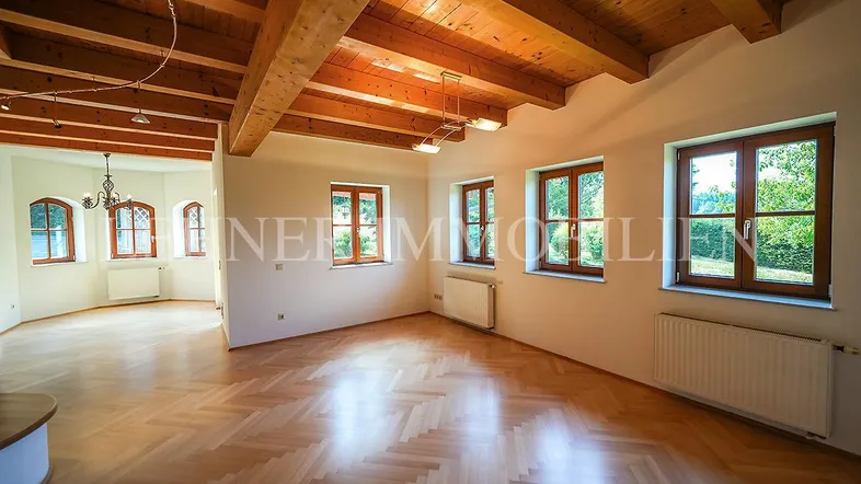 Heller Wohnbereich mit sichtbaren Holzbalken an der Decke, Fischgrätparkett und mehreren Fenstern mit Grünblick.