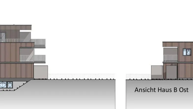 Architektonische Seitenansichten der Gebäude B West und B Ost mit moderner Fassade.