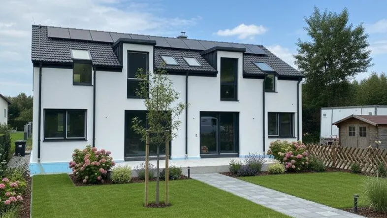 Modernes Einfamilienhaus mit weißer Fassade, gepflegtem Vorgarten und Photovoltaikanlage auf dem Dach.