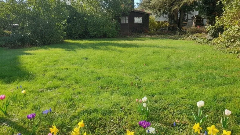 Gepflegter Rasen mit bunten Frühlingsblumen und einem kleinen Gartenhaus im Hintergrund.