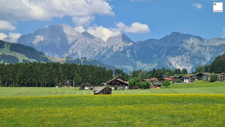 Ländliche Landschaft mit traditionellen Häusern, grünen Wiesen und majestätischen Bergen im Hintergrund.