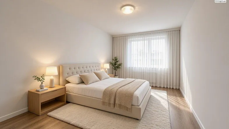 Helles Schlafzimmer mit modernem Bett, Holzboden und großem Fenster für viel Tageslicht.