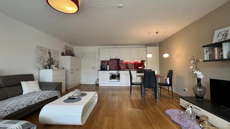 Heller offener Wohn-Essbereich mit integrierter Küche und Holzboden, ideal für modernes Wohnen.