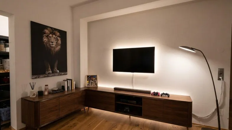 Modernes Wohnzimmer mit Holzboden, beleuchtetem TV-Möbel und stilvoller Dekoration.