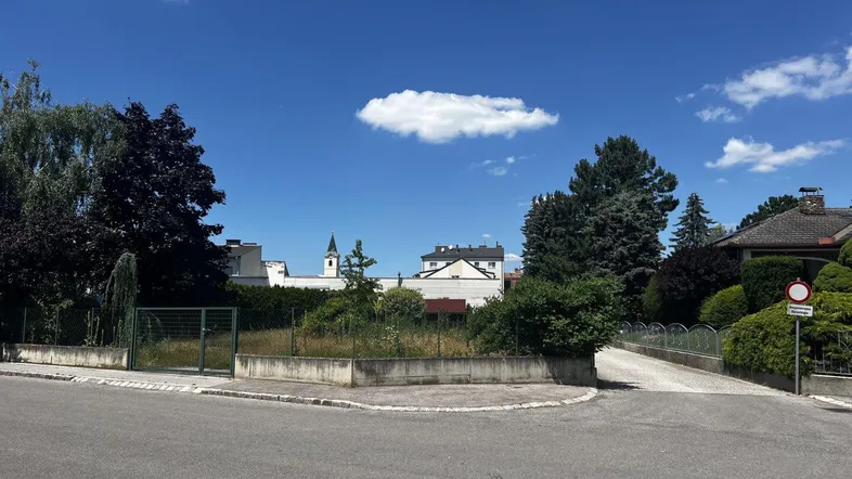 Leeres, verwildertes Grundstück an einer Straßenecke mit umliegenden Häusern und Bäumen unter blauem Himmel.