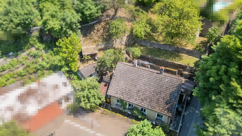 Luftaufnahme eines Hauses mit umgebender grüner Landschaft und Bäumen.
