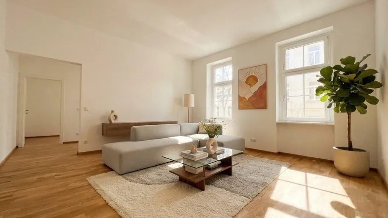 Helles Wohnzimmer mit modernem Sofa, Holzboden und großen Fenstern, die viel Licht hereinlassen.