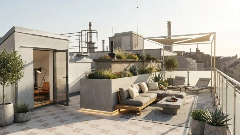 Große Dachterrasse mit modernen Lounge-Möbeln, Pflanzen und Blick über die Stadt.