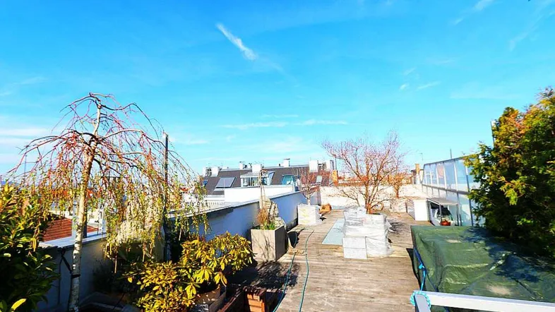 Geräumige Dachterrasse mit Holzboden, Pflanzen und weitem Blick über die Stadt unter blauem Himmel.