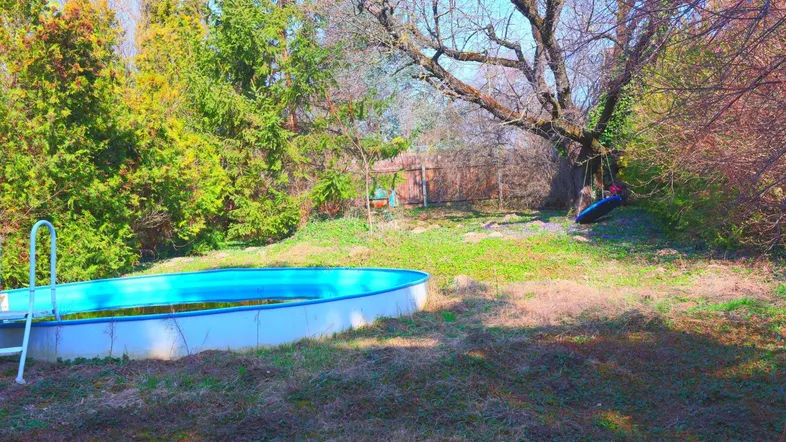 Großer Gartenbereich mit einem Aufstellpool, altem Baum und Schaukel unter blauem Himmel.