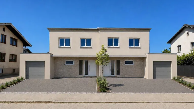 Moderne Doppelhaushälfte mit zwei Garagen und gepflasterter Einfahrt unter blauem Himmel.