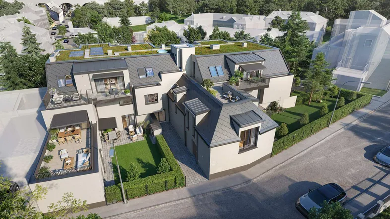 Moderne Wohnanlage mit begrünten Dächern, privaten Gärten und Terrassen in grüner Umgebung.