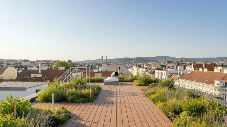 Großzügige Dachterrasse mit Holzbelag, Bepflanzung und weitem Blick über die Stadt.