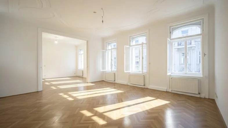Helles Wohnzimmer mit Fischgrätparkett, hohen Decken und Stuckverzierungen, durchflutet von Sonnenlicht.