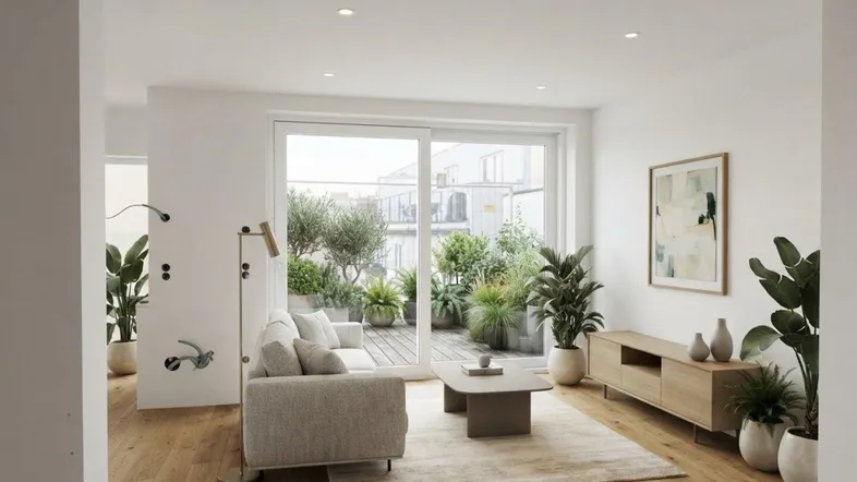 Modernes Wohnzimmer mit Holzboden, Zugang zur Terrasse und vielen Pflanzen.