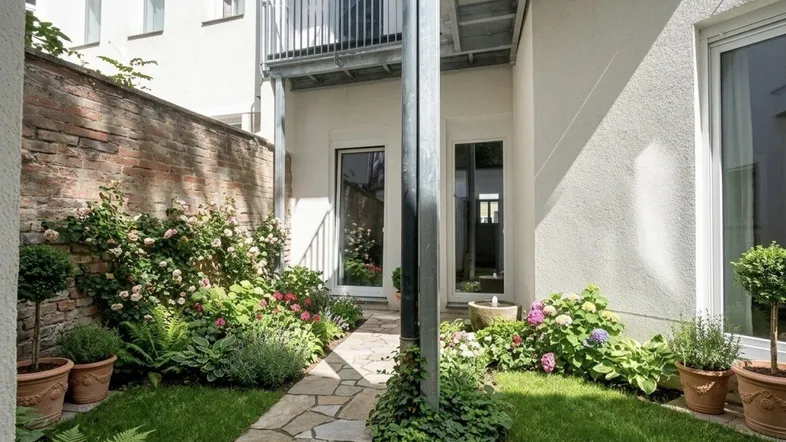 Ein kleiner, gepflegter Garten mit Steinweg, Blumenbeeten und Zugang zu den Wohnräumen.