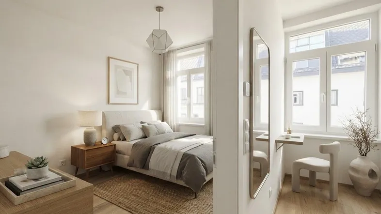 Helles Schlafzimmer mit modernem Bett, Holzboden und großen Fenstern, die viel Tageslicht hereinlassen.