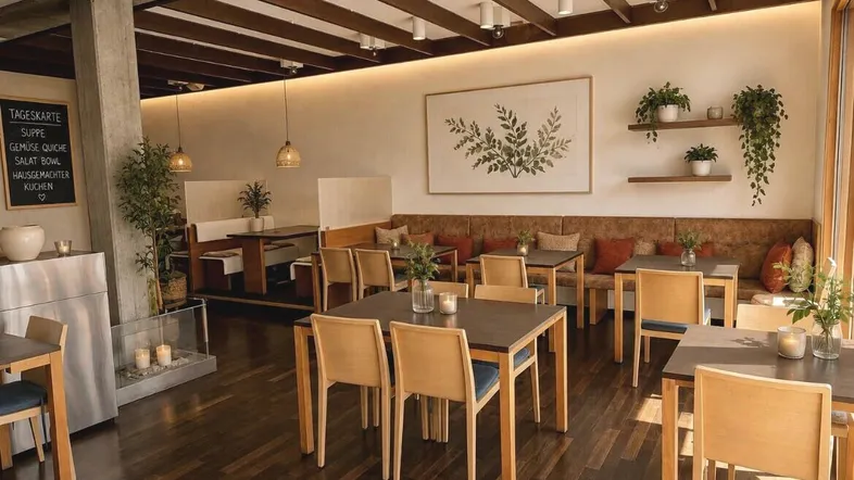 Gemütlicher Restaurantbereich mit Holzbalkendecke, dunklem Holzboden und bequemen Sitzbänken.