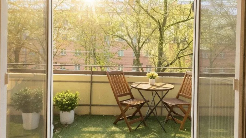 Sonnige Loggia mit Kunstrasen, Holztisch und Stühlen, umgeben von grünen Bäumen.